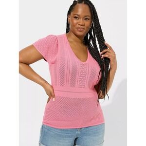 TORRID Everyday Soft V-Neck Pullover Pointelle Sweater Short Sleeve Pink 3-22/24